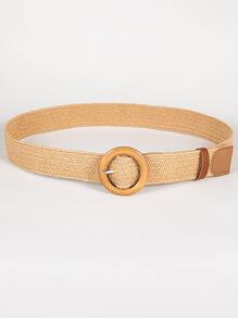 1pc Women's Elastic PP Straw Waist Belt With 4cm Wooden Buckle, Suitable For Beach Holiday - Khaki - View 2