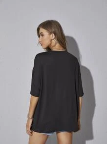 INAWLY Oversized Solid Drop Shoulder Tee Oversized Tshirt, Unisex - Black - View 2
