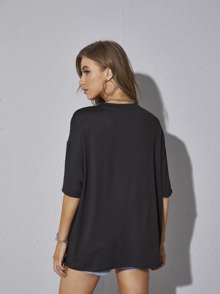 INAWLY Camiseta sobredimensionada de manga caída de un solo color, camiseta sobredimensionada unisex - Negro - Añade 2