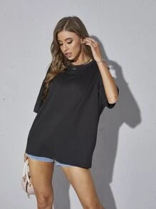 INAWLY Oversized Solid Drop Shoulder Tee Oversized Tshirt, Unisex - Black - View 6
