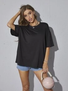 INAWLY Oversized Solid Drop Shoulder Tee Oversized Tshirt, Unisex - Black - View 7
