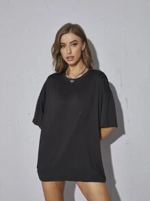 INAWLY Oversized Solid Drop Shoulder Tee Oversized Tshirt, Unisex - Black - View 8