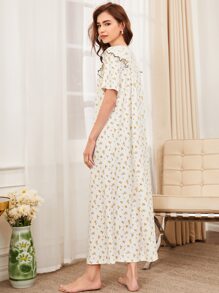 SHEIN Allover Floral Print Tie Front Ruffle Trim Nightdress - Multicolor - View 2