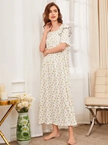 SHEIN Allover Floral Print Tie Front Ruffle Trim Nightdress - Multicolor - View 3