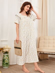 SHEIN Allover Floral Print Tie Front Ruffle Trim Nightdress - Multicolor - View 4