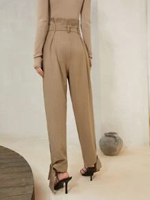 SHEIN Unity Knot Hem Belted Trousers - Khaki - View 2