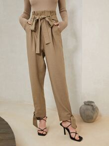 SHEIN Unity Knot Hem Belted Trousers - Khaki - View 3