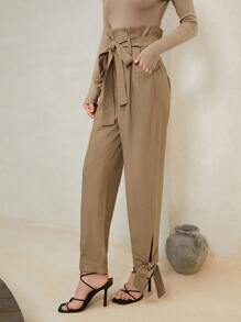 SHEIN Unity Knot Hem Belted Trousers - Khaki - View 4
