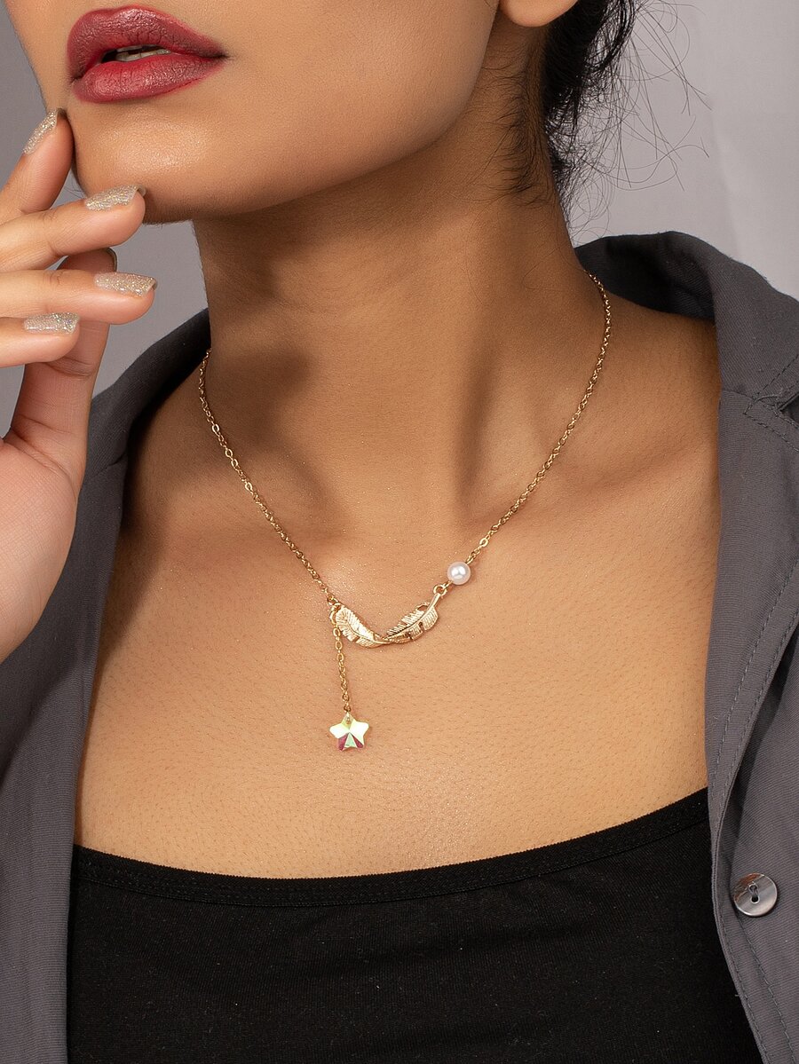 人造珍珠裝飾Y字項鍊 - 金黃色 - 查看 1