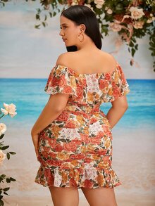 SHEIN Belle 大碼滿版印花一字肩荷葉邊褶邊雪紡洋裝 - 彩色 - 查看 3