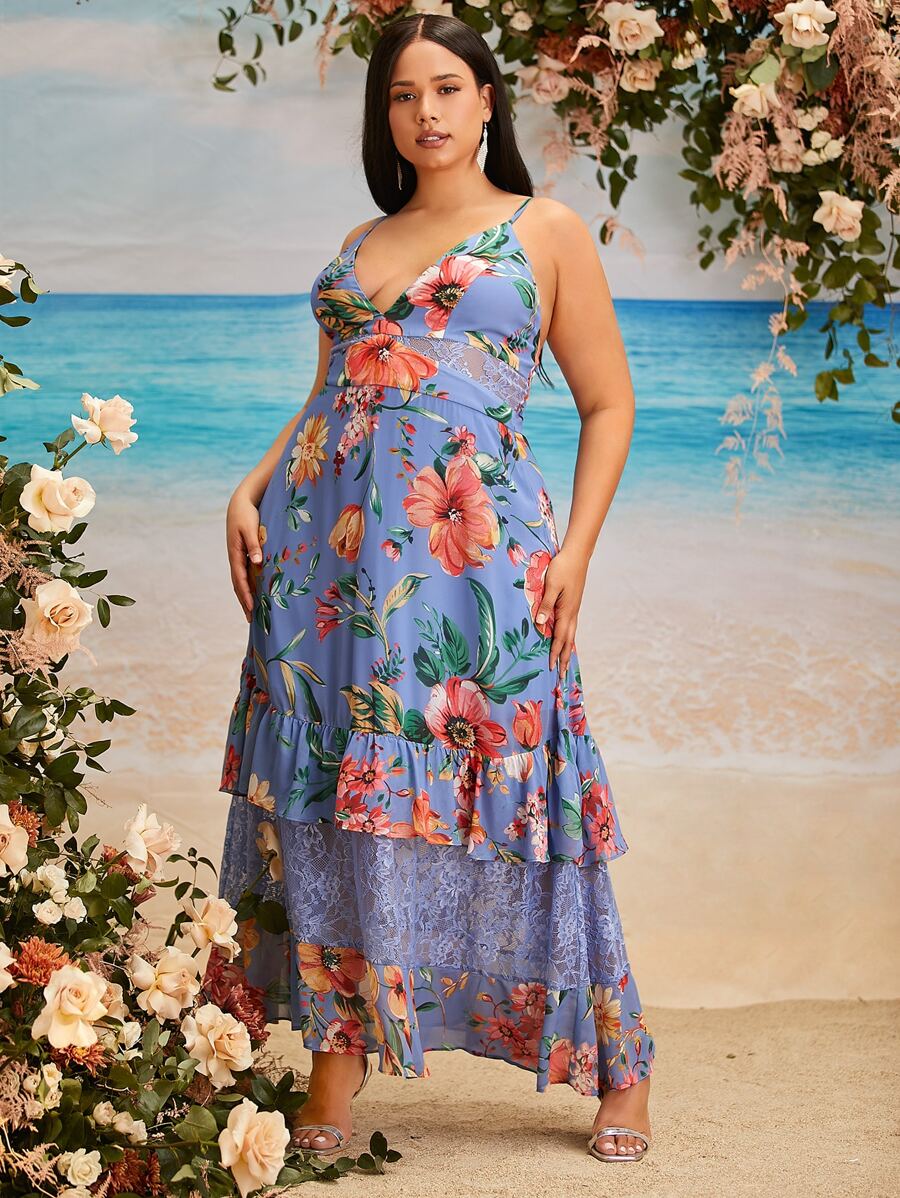 SHEIN Belle 大碼印花蕾絲拼接多層下擺雪紡伴娘連衣裙 - 彩色 - 查看 1