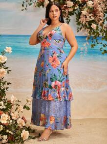 SHEIN Belle 大碼印花蕾絲拼接多層下擺雪紡伴娘連衣裙 - 彩色 - 查看 5