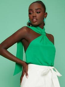 SHEINNeu Backless Solid Halter Top - Green - View 5