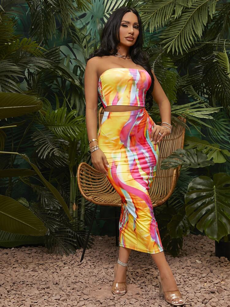 Beach;Allover Print Crop Tube Top & Pencil Skirt