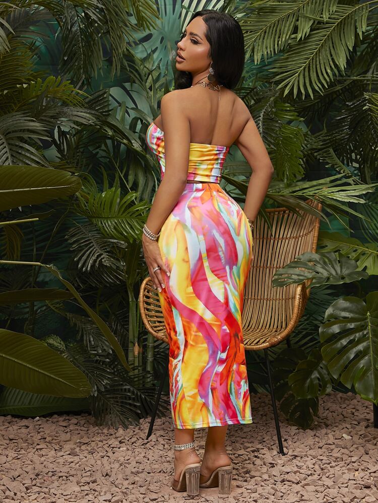 Beach;Allover Print Crop Tube Top & Pencil Skirt