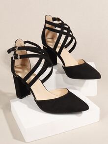 Crossover Strap Chunky Heeled Suedette Ankle Strap Pumps - Black - View 2