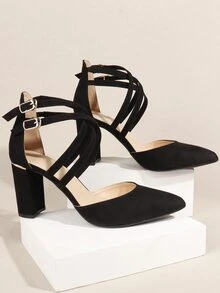 Crossover Strap Chunky Heeled Suedette Ankle Strap Pumps - Black - View 3