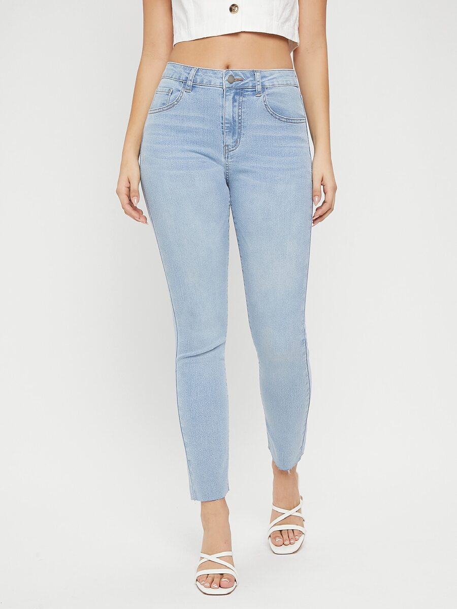 Quần jean nữ Nút Túi Dây kéo màu trơn - Rửa nhẹ - Xem 1