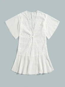 Girls Contrast Lace Kimono - White - View 4