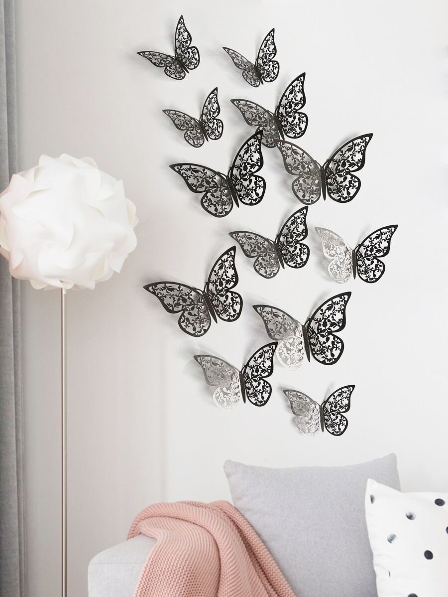 12 st 3D-fjärilsklistermärken, svart ihålig pappersfjäril väggdekoration för heminredning, klistermärken, väggdekaler, vinyldekaler för heminredning, vårdekorationsartiklar förnya ditt hem, festivaldekorationsklistermärken presenter födelsedag examen - Svart - Visa 1