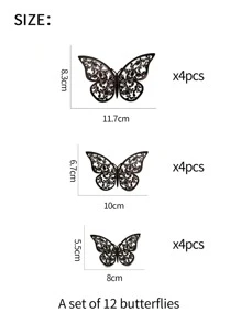 12 st 3D-fjärilsklistermärken, svart ihålig pappersfjäril väggdekoration för heminredning, klistermärken, väggdekaler, vinyldekaler för heminredning, vårdekorationsartiklar förnya ditt hem, festivaldekorationsklistermärken presenter födelsedag examen - Svart - Visa 3