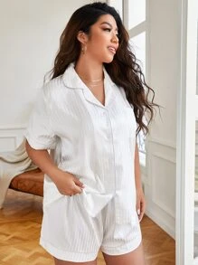 Plus Striped Jacquard Satin PJ Set - White - View 4