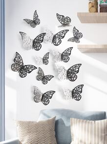 12 st 3D-fjärilsklistermärken, svart ihålig pappersfjäril väggdekoration för heminredning, klistermärken, väggdekaler, vinyldekaler för heminredning, vårdekorationsartiklar förnya ditt hem, festivaldekorationsklistermärken presenter födelsedag examen - Svart - Visa 6