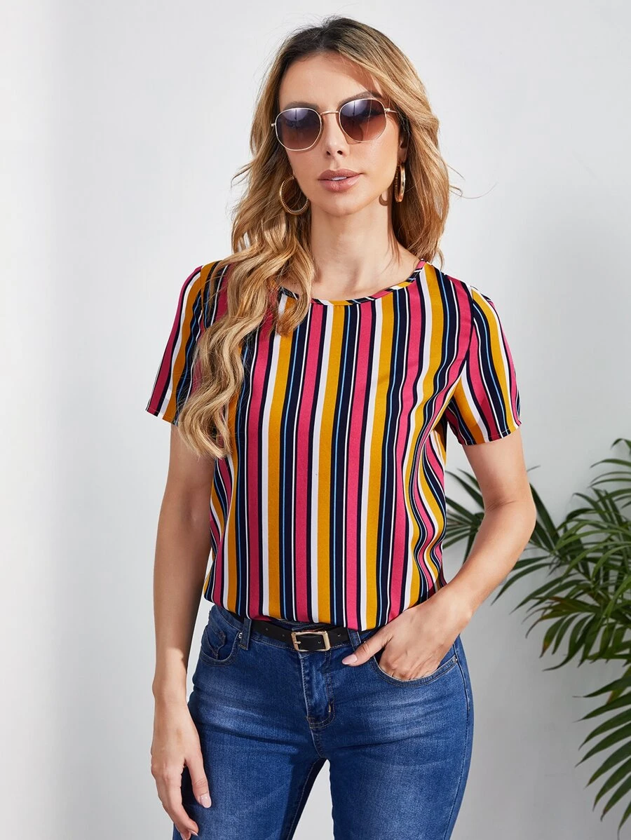 SHEIN Blusa con estampado de rayas de color - Multicolor - Ver 1