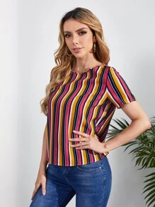 SHEIN Blusa con estampado de rayas de color - Multicolor - Ver 3