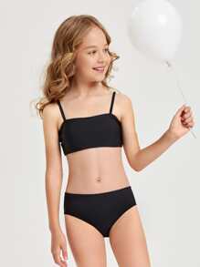 Tween Girl Solid Bikini Set Summer Beach - Black - View 1