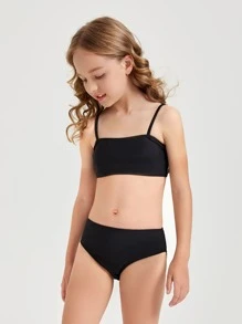 Tween Girl Solid Bikini Set Summer Beach - Black - View 5