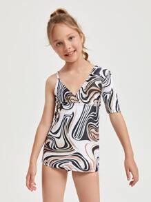 Tween Girl Fluid Pattern Asymmetrical Tankini Summer Beach - Multicolor - View 1