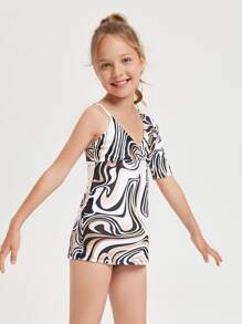 Tween Girl Fluid Pattern Asymmetrical Tankini Summer Beach - Multicolor - View 4