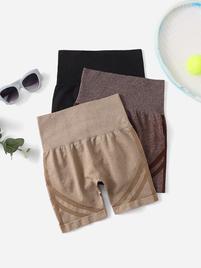 3pcs Seamless Colorblock Rib-knit Sports Shorts