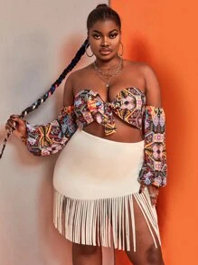 Slaydiva Plus Geo Print Off Shoulder Knot Front Crop Top - Multicolor - View 1