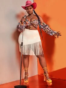 Slaydiva Plus Geo Print Off Shoulder Knot Front Crop Top - Multicolor - View 3