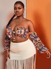Slaydiva Plus Geo Print Off Shoulder Knot Front Crop Top - Multicolor - View 4