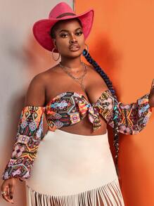 Slaydiva Plus Geo Print Off Shoulder Knot Front Crop Top - Multicolor - View 5