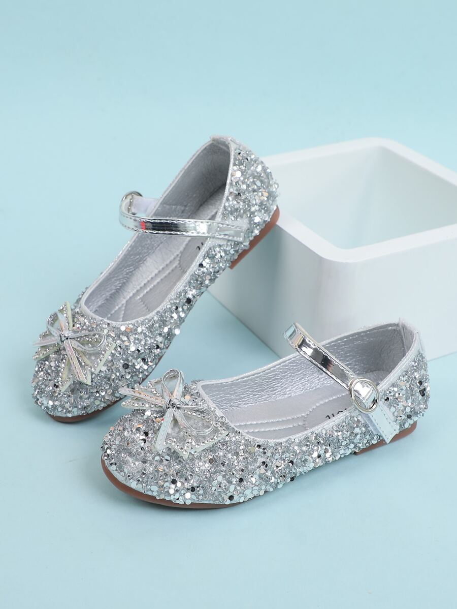 Giày búp bê trẻ em Nơ Bướm Pha lê kim cương màu trơn Mary Jane - Bạc - Xem 1