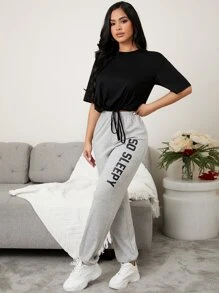 Drop Shoulder Drawstring Hem Tee & Letter Graphic Trousers Lounge Set - Multicolor - View 1