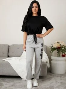 Drop Shoulder Drawstring Hem Tee & Letter Graphic Trousers Lounge Set - Multicolor - View 3