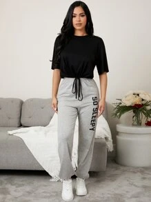 Drop Shoulder Drawstring Hem Tee & Letter Graphic Trousers Lounge Set - Multicolor - View 5