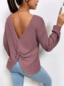 SHEIN Frenchy Twist Back Drop Shoulder Waffle Knit Tee - Dusty Pink - View 1