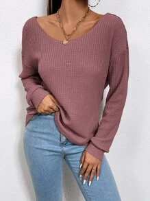SHEIN Frenchy Twist Back Drop Shoulder Waffle Knit Tee - Dusty Pink - View 3