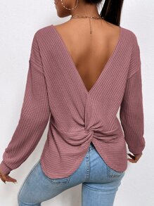 SHEIN Frenchy Twist Back Drop Shoulder Waffle Knit Tee - Dusty Pink - View 4