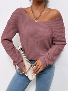 SHEIN Frenchy Twist Back Drop Shoulder Waffle Knit Tee - Dusty Pink - View 5