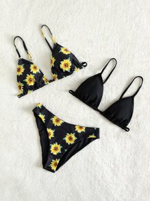 SHEIN Tween Girl 向日葵印花双面比基尼套装和比基尼上衣夏日海滩