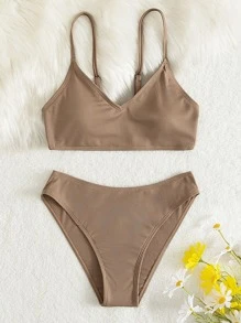 SHEIN Conjunto de bikini de punto acanalado liso para adolescentes traje de baño para playa de verano - Caqui - Ver 1