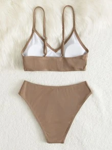 SHEIN Conjunto de bikini de punto acanalado liso para adolescentes traje de baño para playa de verano - Caqui - Ver 2
