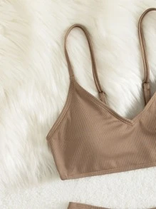 SHEIN Conjunto de bikini de punto acanalado liso para adolescentes traje de baño para playa de verano - Caqui - Ver 3